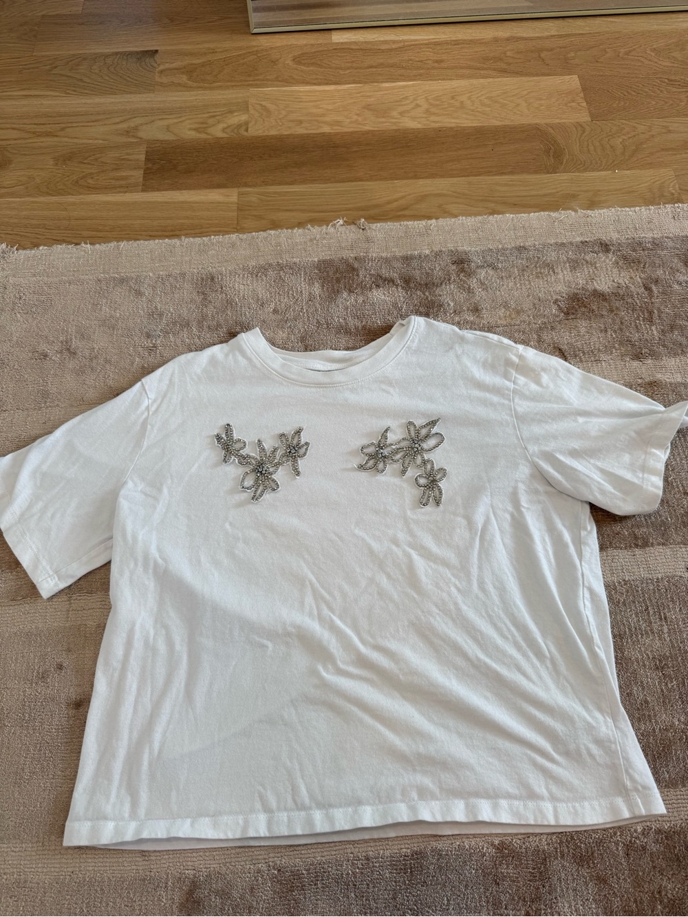 White Short Sleeve Tee with Silver Beaded Floral Accents